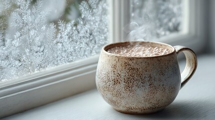 Cozy ceramic mug of hot chocolate with steam rising, placed on a windowsill beside frosted glass, evoking warmth on a cold winter morning