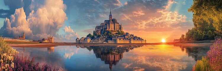 Fototapeta premium Historic island fortress surrounded by calm water at sunset with vibrant colorful sky, fluffy clouds, reflection in water, and flowering bushes in foreground