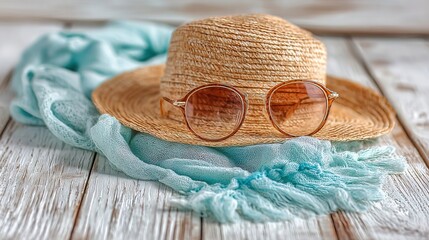 Straw sun hat with round sunglasses and light blue scarf arranged on a rustic wooden surface, evoking a relaxed summer beach vacation vibe