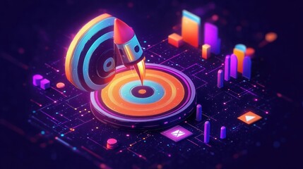 futuristic 3d illustration of a rocket launching from a digital target with surrounding glowing charts and data points on a dark background symbolizing goal achievement and progress
