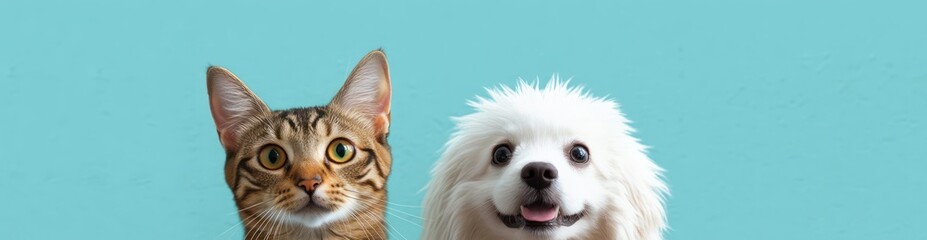 Obraz premium Close-up of a curious tabby cat and a happy white fluffy dog sitting side by side against a bright blue background