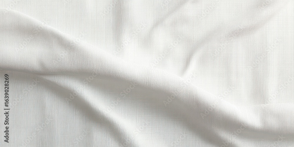 Poster close-up of smooth, white fabric with gentle folds and fine textured weave creating soft shadows and