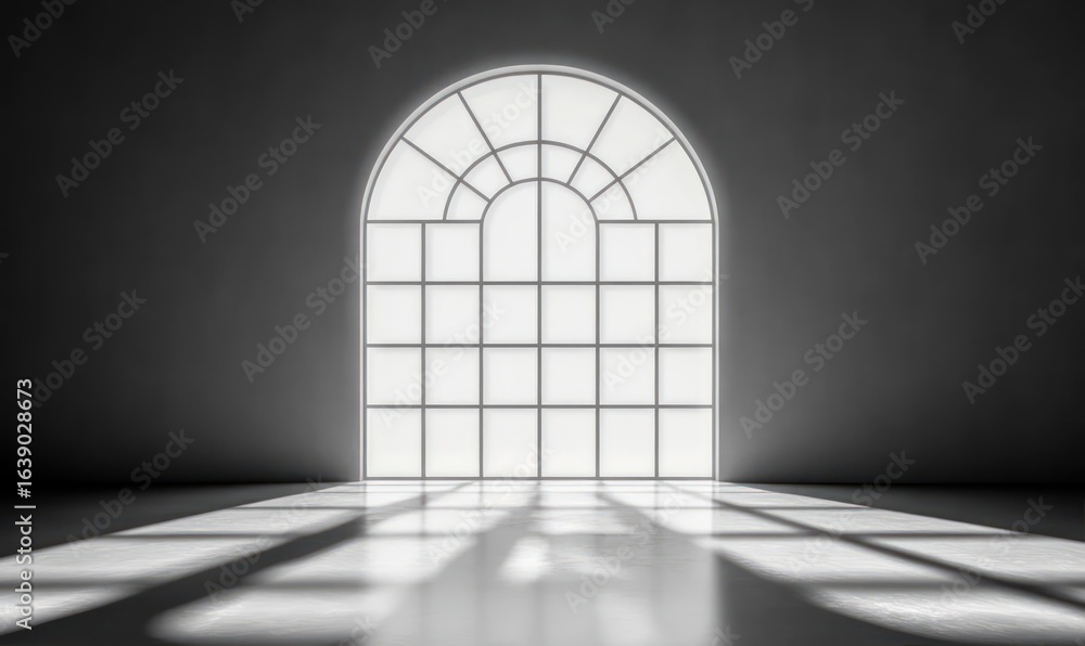 Poster large arched window casting bright light and geometric shadows onto an empty smooth floor in a minim