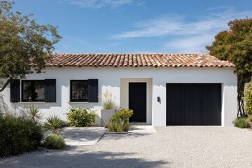 Modern Mediterranean-style home exterior.  Sunny day, whitewashed walls, dark shutters and garage