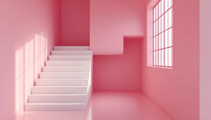 Pink-walled room with white staircase, window casting shadows for modern interior design, architectural renderings, tranquil space aesthetics, and serene environments.