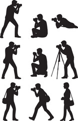 Photographer Silhouette Collection – Diverse Camera Poses Including Tripod, Sitting, and Lying Down