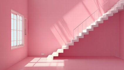 pink-walled, room, white, staircase, window, casting, shadows, modern, interior, design, architectural, renderings, tranquil, space, aesthetics, serene, environments, calm, inspiration, light, focal, 
