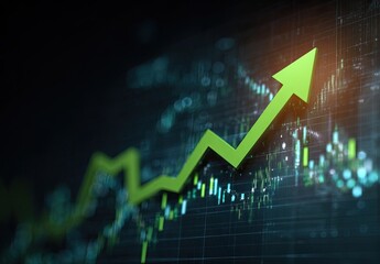 Bright green upward trend graph over dark financial data