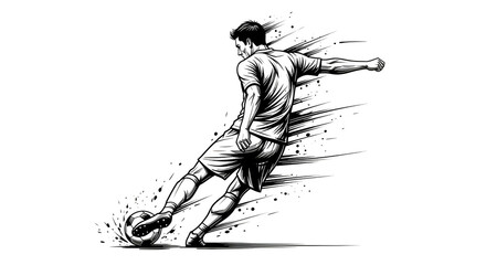 Illustrated soccer player powerfully kicking ball