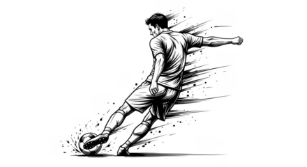 Illustrated soccer player powerfully kicking ball