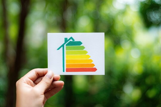 Hand holding a small, white card with a graphic of a house and energy efficiency rating. Colorful energy levels form a tiered design within the house shape
