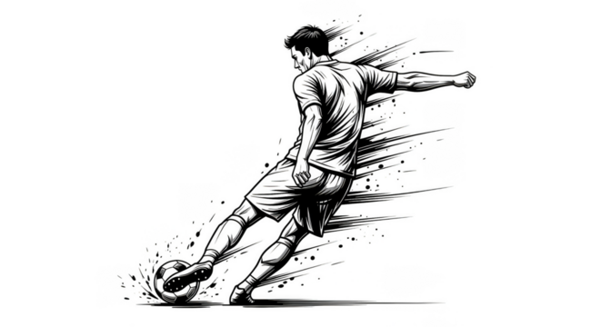 Illustrated soccer player powerfully kicking ball