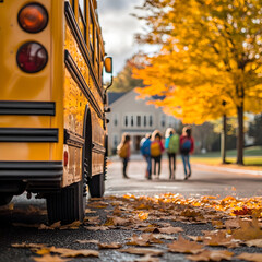 Children step off a yellow school bus toward a large school building; autumn leaves and sunlight evoke warmth, motion, and nostalgic energy. Back To School concept.