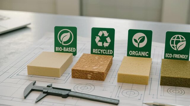 Sustainable material samples for product development, featuring eco-friendly, bio-based, and recycled options.