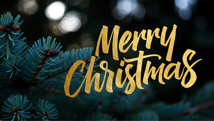 Pine branch golden text festive greeting needles cones