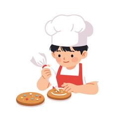 Cartoon chef character with a gourmet pizza and cake in a professional uniform