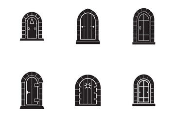 Obraz premium Collection of fantasy arched doors in black and white with different designs vector set for design and print