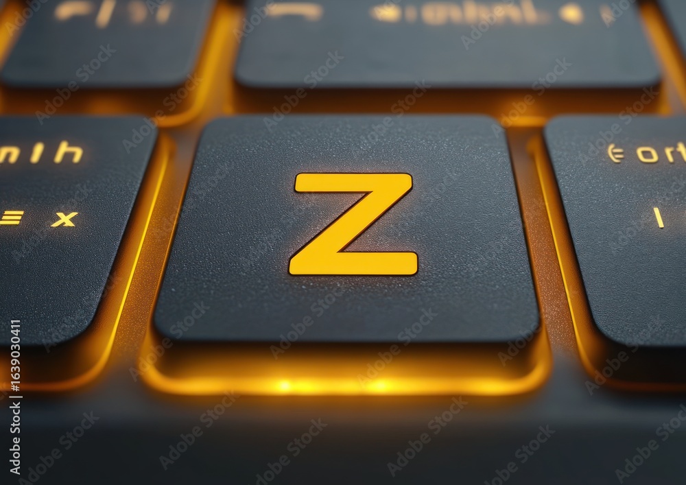 Poster close-up of a computer keyboard key with letter z illuminated by yellow-orange backlight showcasing 