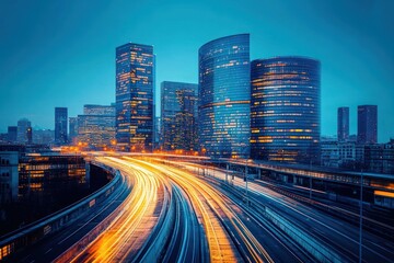 Obraz premium Nighttime cityscape with curved highways illuminated by streaks of car lights in front of tall modern glass skyscrapers under a deep blue sky