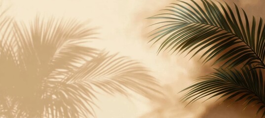 Obraz premium Soft sunlight casting delicate shadows of palm leaves on a warm beige wall creating a calm and natural atmosphere