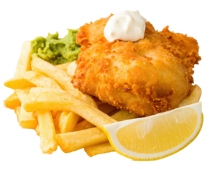 Crispy golden battered fish and chips with mushy peas tartar sauce and a fresh lemon wedge.
