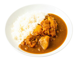 Fototapeta premium Japanese Katsu Curry with sliced fried chicken cutlet rich sauce and steamed rice in a white bowl.