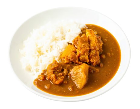Japanese Katsu Curry with sliced fried chicken cutlet rich sauce and steamed rice in a white bowl. - Powered by Adobe