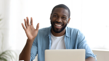African American man is sitting at his desk, looking into the laptop screen and waving with one hand to say hi. His face shows happiness.