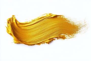 Vibrant thick brushstroke of golden yellow paint over white background with visible texture and dynamic flowing movement