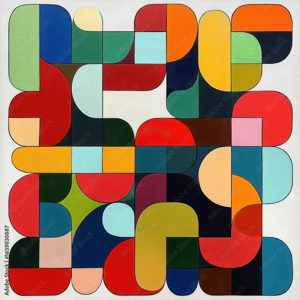 Poster colorful geometric abstract pattern composed of rounded rectangles and curves in various bright and 