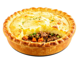 Goldenbaked shepherds pie with a fluffy mashed potato topping over a savory minced meat and vegetable filling.
