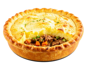 Goldenbaked shepherds pie with a fluffy mashed potato topping over a savory minced meat and vegetable filling.