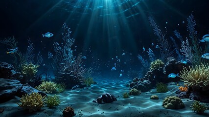Tranquil deep sea view with floating bubbles and glowing sun rays from above
