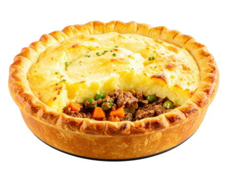 Goldenbaked shepherds pie with a fluffy mashed potato topping over a savory minced meat and vegetable filling. - Powered by Adobe