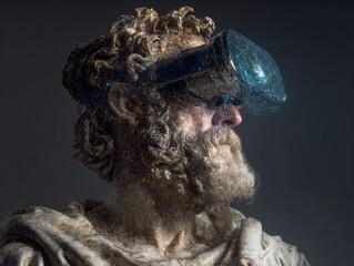 Photorealistic portrait of a philosopher wearing VR goggles, with neural network patterns lighting up around them, mixing ancient wisdom and modern tech, soft studio lighting