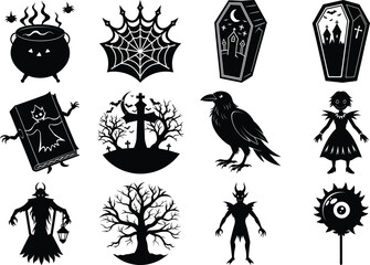 A Set Black and white halloween vector silhouette set with spooky icons and elements