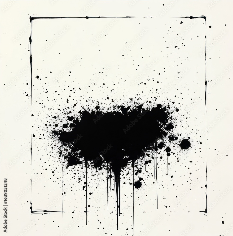 Poster abstract black ink splatter with drips and scattered spots creating chaotic yet artistic pattern on 