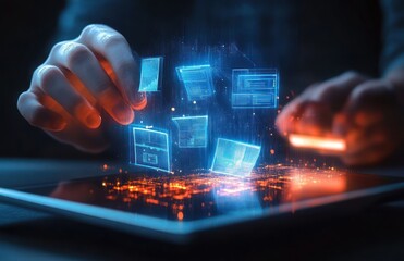 Close-up of hands interacting with a glowing digital hologram projected from a tablet device, displaying multiple floating interface windows and data panels in a dark environment