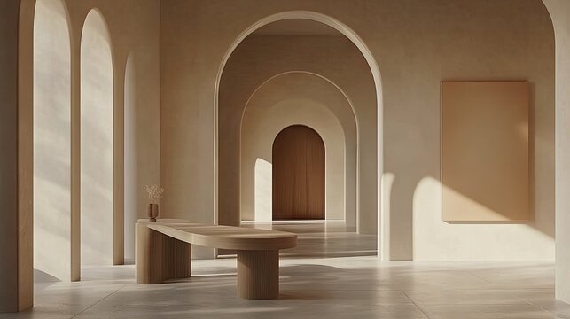 Sunlit minimalist hallway with arched doorways, a low, organic-shaped table, and a single vertical rectangular artwork, all in muted beige tones