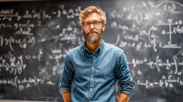 Male teacher in glasses standing at a blackboard with complex equations, teaching a class. The chalkboard is filled with mathematical formulas and gradients.
