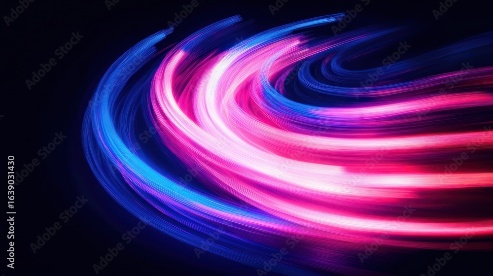 Poster abstract swirling light trails in blue and pink hues creating dynamic vibrant motion effect on a dar