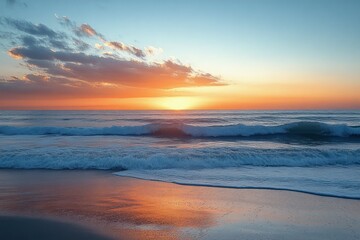 Fototapeta premium Calm ocean waves gently rolling onto the sandy shore under a colorful sunrise with soft clouds in a clear sky