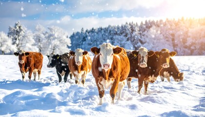 Red and White Cows in Snowy Winter Landscape