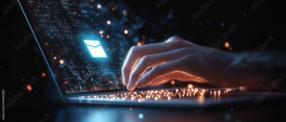 Poster close-up of a person's hand typing on a laptop keyboard with glowing digital email icon floating abo