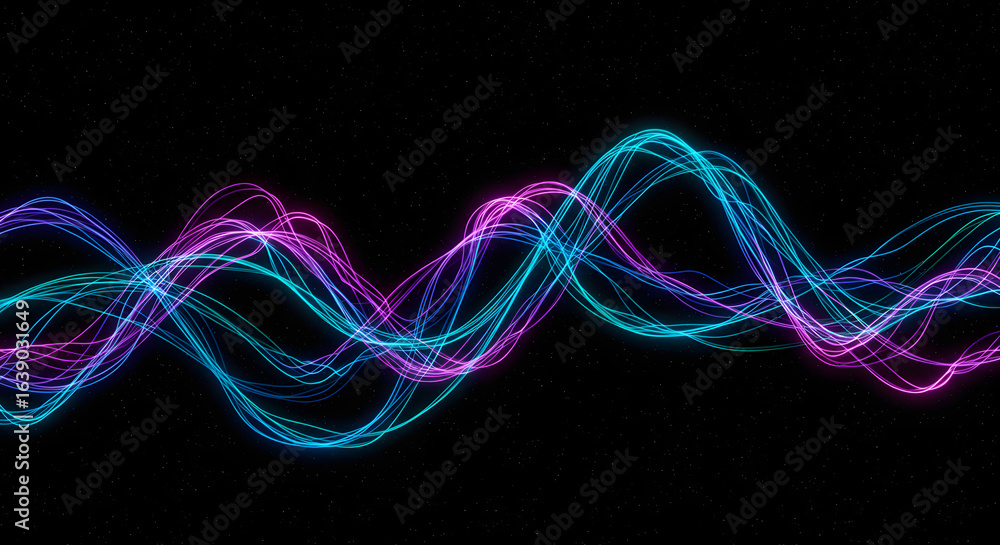 Poster colorful neon light waveforms floating against a cosmic backdrop displaying artistic beauty and capt