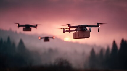 Drones in Flight: Aerial Delivery at Sunset Over Misty Forests