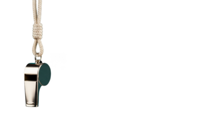 Shiny whistle hanging against black backdrop