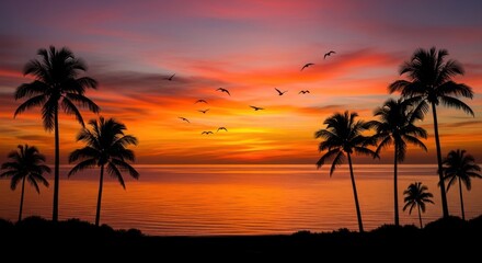 Tropical Sunset with Birds and Palm Trees
