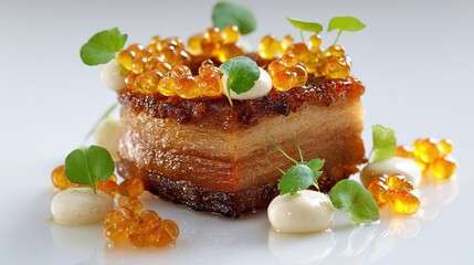 Roasted pork belly, topped with caviar and herbs, presented artistically