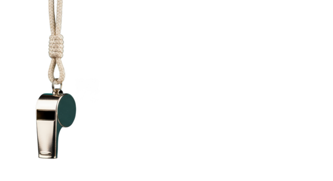 Shiny whistle hanging against black backdrop